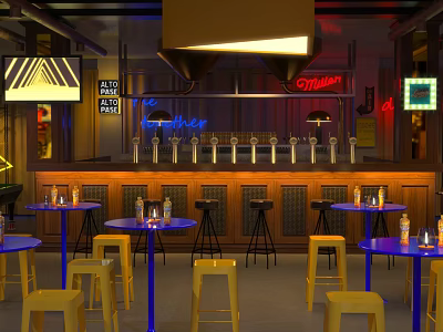 Bar Interior Design With Wooden Counter Yellow Stools And Neon Lighting 3d model