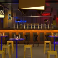 Bar Interior Design With Wooden Counter Yellow Stools And Neon Lighting