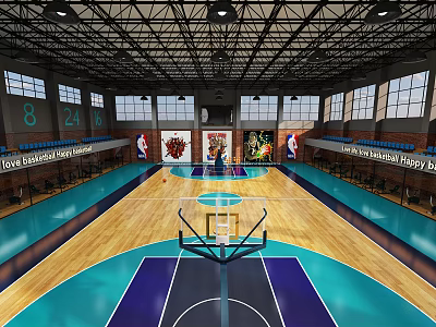 Basketball Gym Interior With Wooden Floor Hoops Seats Wall Numbers Murals Ceiling Lights And Windows 3d model