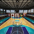 Basketball Gym Interior With Wooden Floor Hoops Seats Wall Numbers Murals Ceiling Lights And Windows