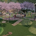 Outdoor Recreational Space With Cherry Blossom Trees Children Playing In Sandpit And Greenery