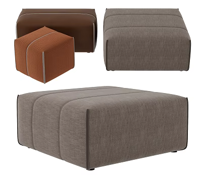 Square Fabric Ottoman Stools In Brown Gray Colors With Stitched Design 3d model