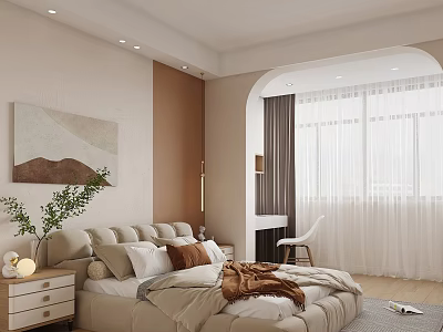 Modern Cozy Bedroom With Soft Bed Nightstand And Wall Artwork Window Curtains And Green Plant 3d model