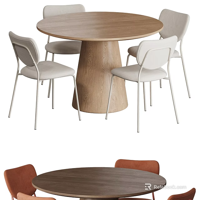Modern Round Wooden Dining Table Set With White Chairs And Sturdy Base 3d model 