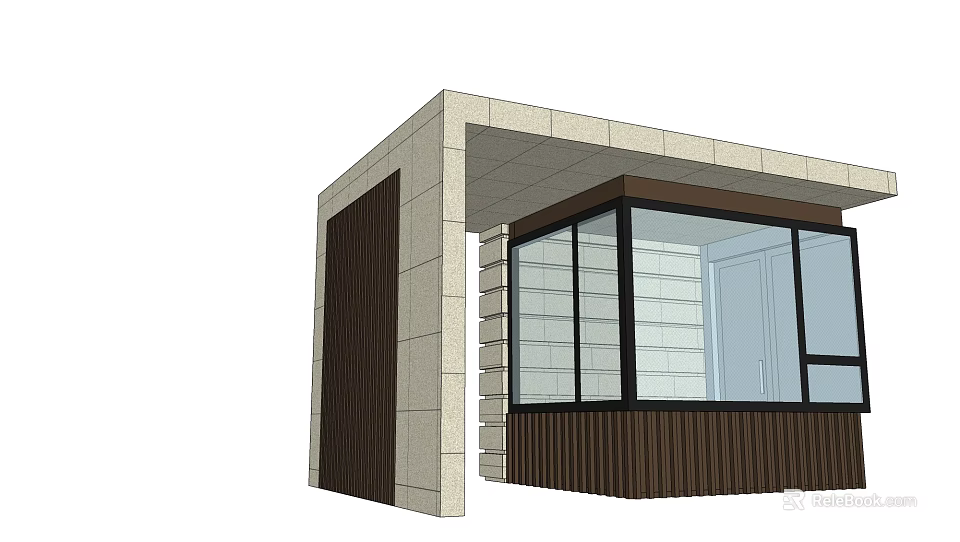 Modern Building Facade With Stone Walls Wooden Accents Overhang And Large Glass Windows 3d model 
