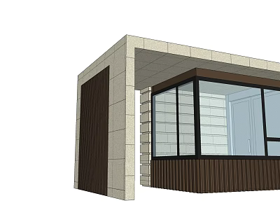 Modern Building Facade With Stone Walls Wooden Accents Overhang And Large Glass Windows 3d model