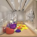School Modern Student Space With Colorful Walls Geometric Patterns Hello Go Signage And Bench Seating