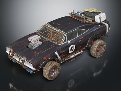 Rusty Modified Vintage Muscle Car With Roof Spare Tire Off-Road Tires And Side Number 42 3d model