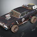 Rusty Modified Vintage Muscle Car With Roof Spare Tire Off-Road Tires And Side Number 42
