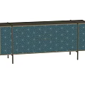 Blue TV Stand With Geometric Pattern Gold Handles And Black Legs Modern Design