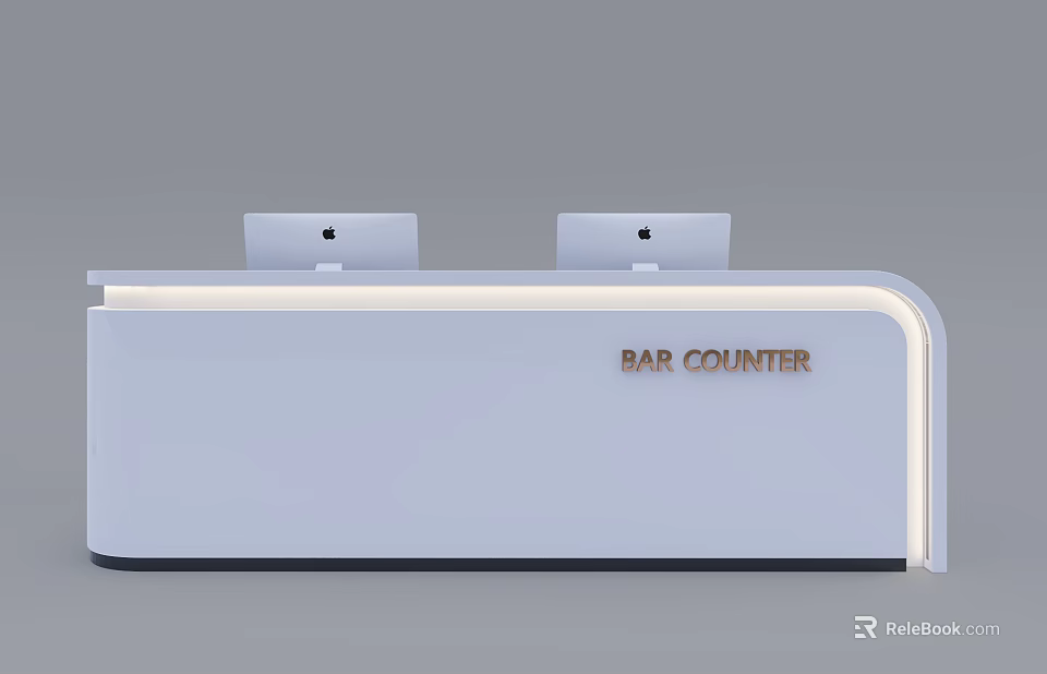 Modern Light Blue Bar Counter With Curved Design And Dual Computer Monitors 3d model 
