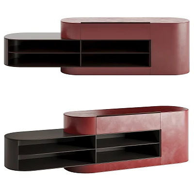 Modern Curved TV Stand in Red and Black with Open Storage Shelves and Sleek Design 3d model