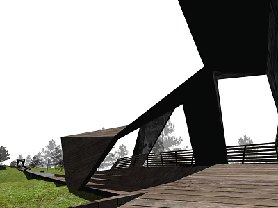 Modern Park Landscape Featuring Wooden Structure Grassland Trees And Deck Stairs Railing 3d model