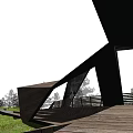 Modern Park Landscape Featuring Wooden Structure Grassland Trees And Deck Stairs Railing
