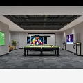Modern Billiard Room With Multiple Pool Tables Hanging Lights And Bar Counter 3d model