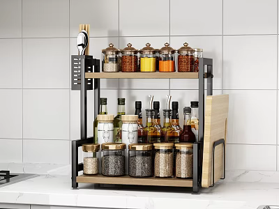 Multi Tiered Bathroom Cabinet Rack With Spice Jars Bottles Knife Holder And Cutting Board 3d model