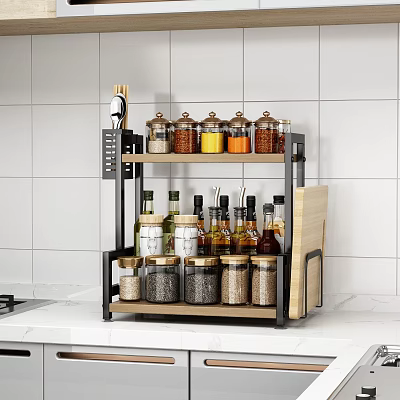 Multi Tiered Bathroom Cabinet Rack With Spice Jars Bottles Knife Holder And Cutting Board 3d model