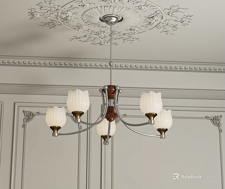 Elegant Chandelier With White Glass Shades Hanging From Carved Ceiling And Paneled Walls 3d model 