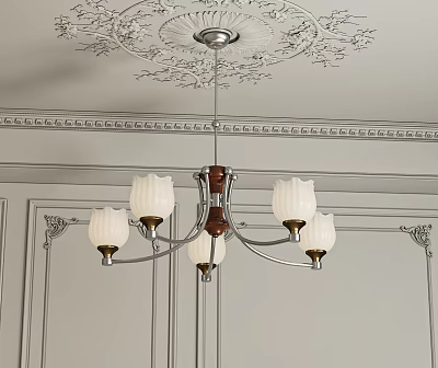 Elegant Chandelier With White Glass Shades Hanging From Carved Ceiling And Paneled Walls 3d model