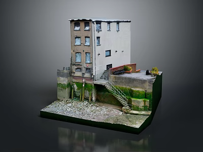 Cartoon Scene of Old Multi Story Building With Staircase Moss Covered Base and Gravel Ground 3d model