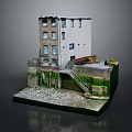 Cartoon Scene of Old Multi Story Building With Staircase Moss Covered Base and Gravel Ground