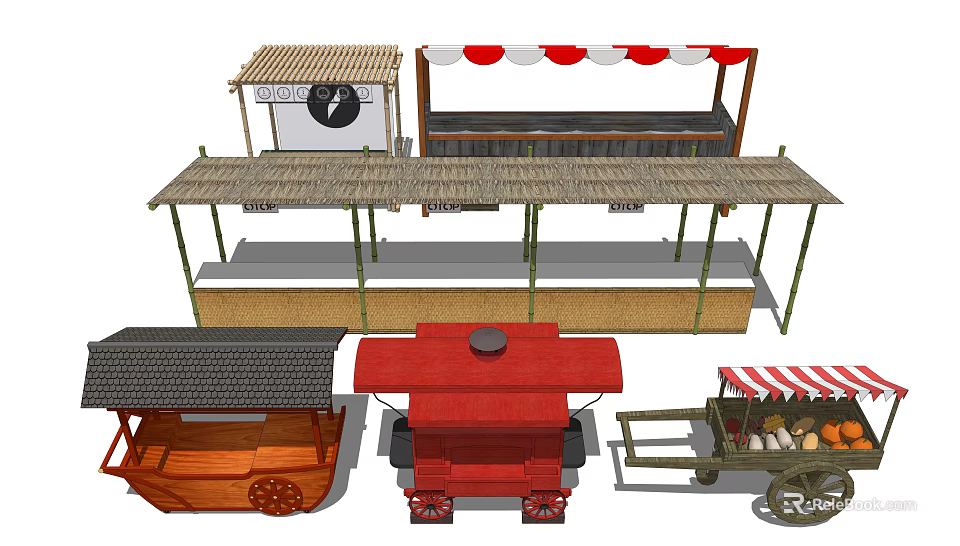 Commercial Equipment Including Various Mobile Vending Carts And Wooden Stalls With Striped Awnings 3d model 