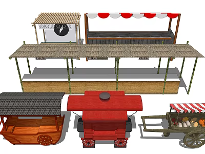 Commercial Equipment Including Various Mobile Vending Carts And Wooden Stalls With Striped Awnings 3d model