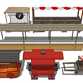 Commercial Equipment Including Various Mobile Vending Carts And Wooden Stalls With Striped Awnings