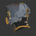 Futuristic Sci Fi Character Helmet With Mechanical Side Gears Orange Yellow Accents And Metallic Texture