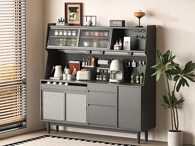 Modern Gray Sideboard with Mesh Doors Drawers Coffee Machine Plant and Wall Art 3d model