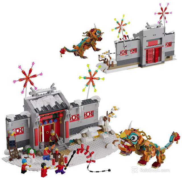 Chinese New Year Building Blocks Set With Traditional Gatehouse Dragon Lion Dance Figures Snowy Decorations 3d model 