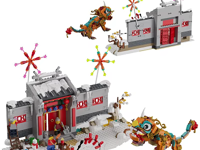 Chinese New Year Building Blocks Set With Traditional Gatehouse Dragon Lion Dance Figures Snowy Decorations 3d model