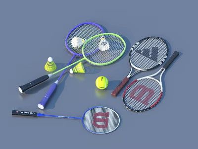 Varied Sports Equipment Display With Badminton Tennis Rackets Shuttlecocks And Tennis Ball 3d model