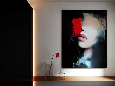 Abstract Female Face Oil Painting With Red Accents And Vase In Modern Interior 3d model