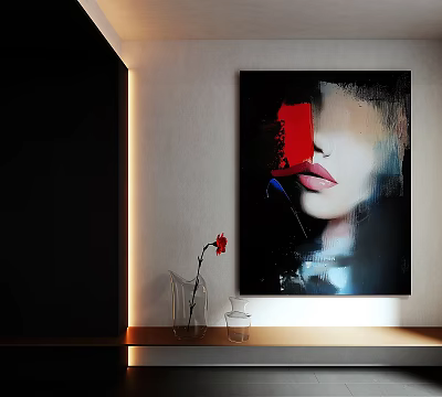 Abstract Female Face Oil Painting With Red Accents And Vase In Modern Interior 3d model