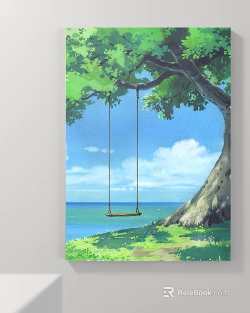 Scenic Landscape Painting With Big Tree Swing Blue Sky White Clouds Sea And Green Grass 3d model 