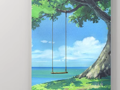 Scenic Landscape Painting With Big Tree Swing Blue Sky White Clouds Sea And Green Grass 3d model