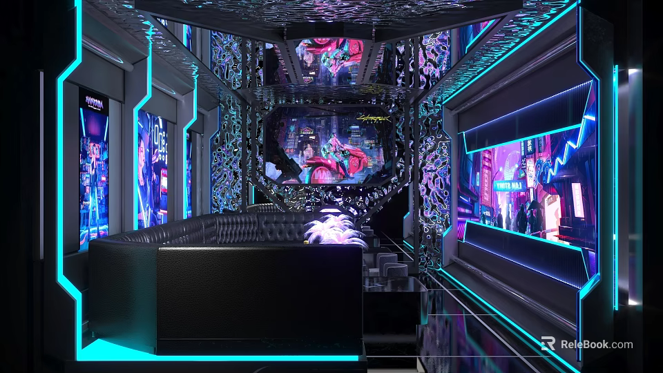 Modern KTV Interior With Neon Light Decor Sofas Screens And Hi tech Atmosphere 3d model 