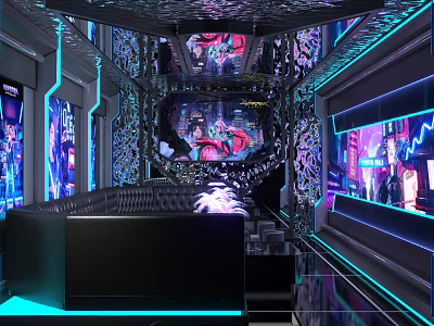 Modern KTV Interior With Neon Light Decor Sofas Screens And Hi tech Atmosphere 3d model