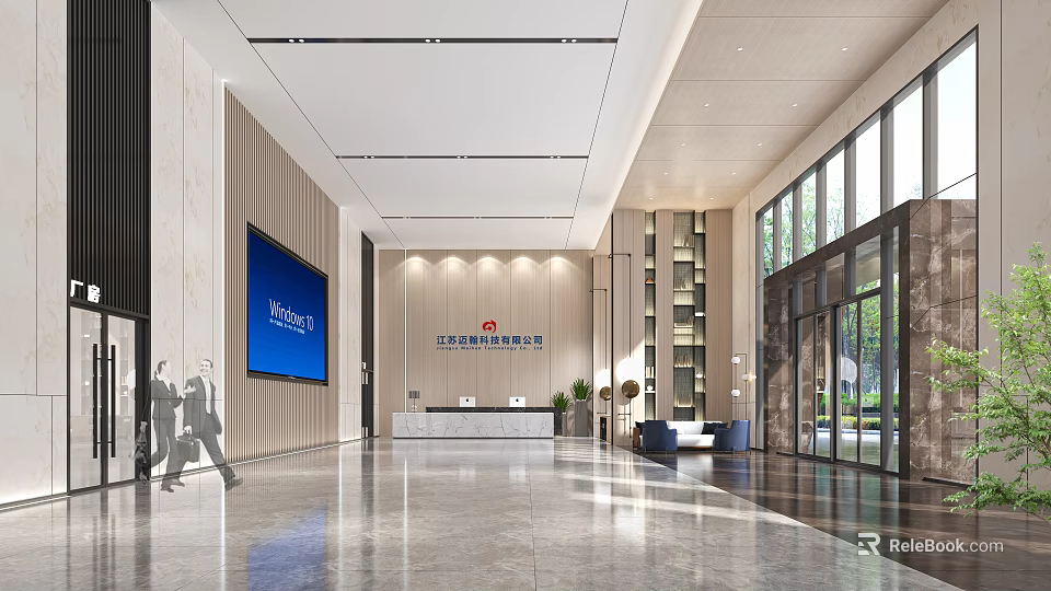 Modern Lobby Reception Desk With Large Screen Logo Elegant Lighting And Marble Floor Glass Doors 3d model 