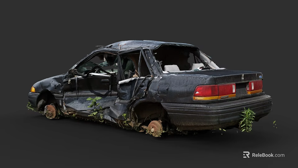 Abandoned Black Car With Dilapidated Damaged Body Overgrown With Plants 3d model 