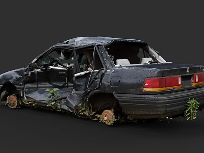 Abandoned Black Car With Dilapidated Damaged Body Overgrown With Plants 3d model