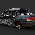 Abandoned Black Car With Dilapidated Damaged Body Overgrown With Plants