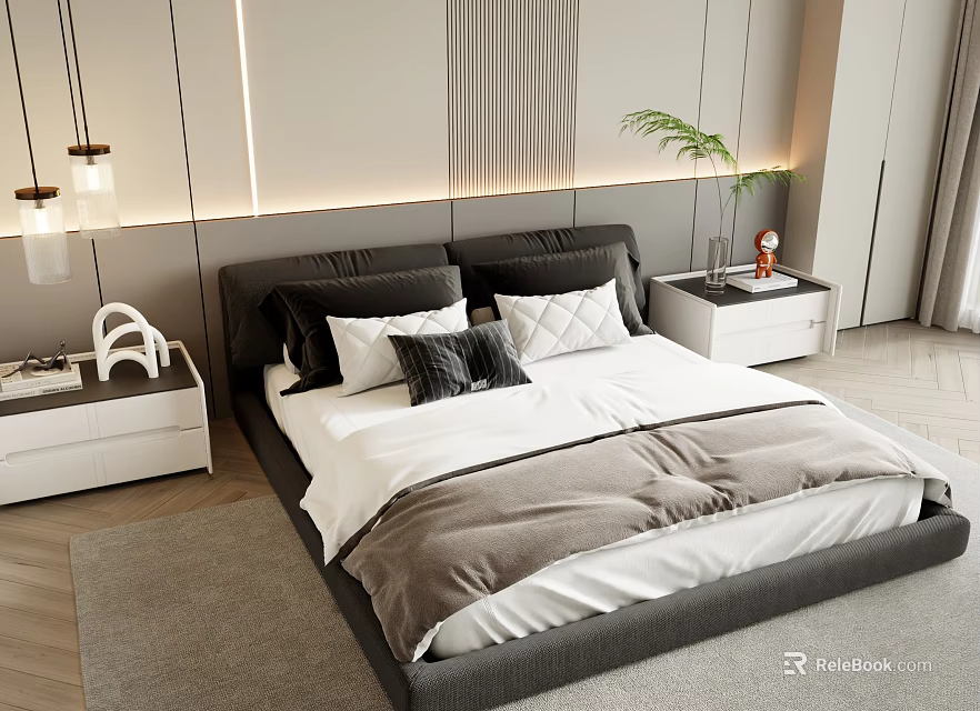 Modern Double Bed With Gray Bedding Black White Pillows Bedside Nightstands And Vertical Line Wall 3d model 