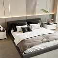 Modern Double Bed With Gray Bedding Black White Pillows Bedside Nightstands And Vertical Line Wall