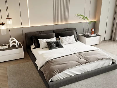 Modern Double Bed With Gray Bedding Black White Pillows Bedside Nightstands And Vertical Line Wall 3d model