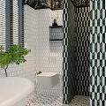 Elegant Bathroom With Green Mosaic Tile Wall Black Vanity Marble Countertop Blinds And White Bathtub