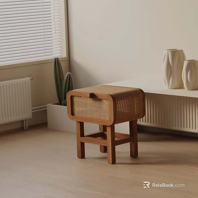 Wooden Nightstand With Rattan Details Cactus Plant And Vase By Window 3d model 