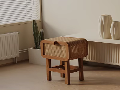 Wooden Nightstand With Rattan Details Cactus Plant And Vase By Window 3d model