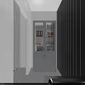 Compact Industrial Equipment Setup in Narrow Space with Sink Mirror Refrigerator and Checkerboard Floor Tiles